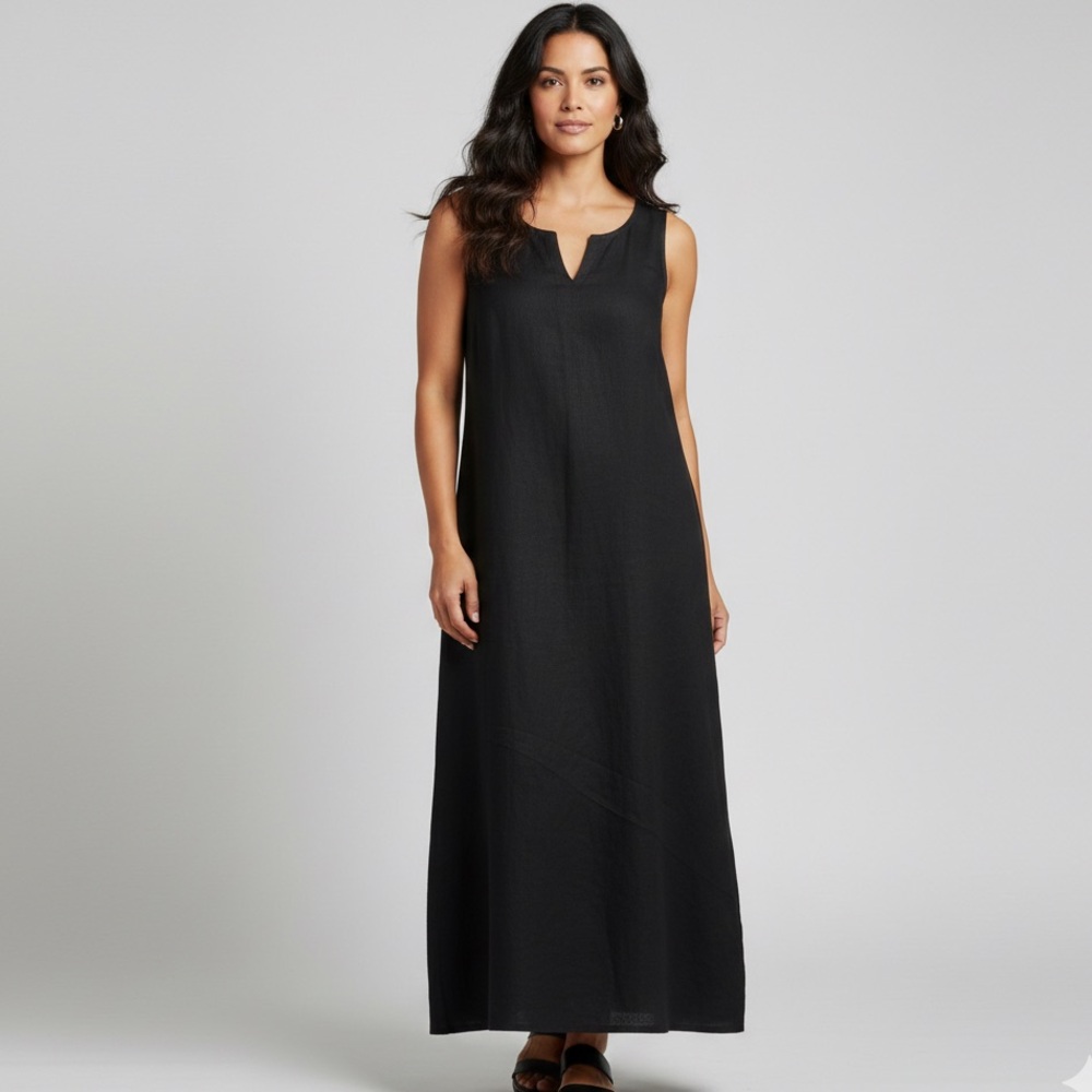 100% linen Asymmetric Sleeveless Linen V-Neck Midi Black Dress